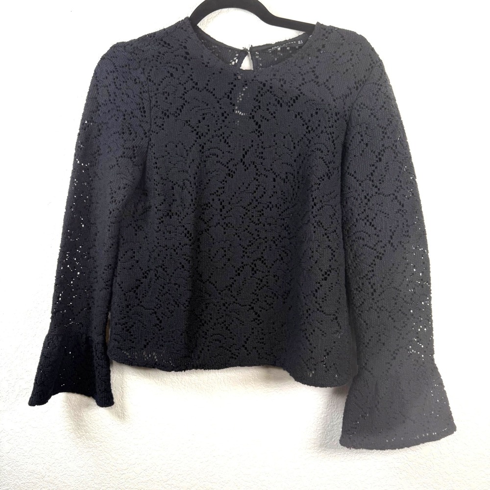 Zara Woman Black Crochet Long Sleeve Bell Sleeve Top - Medium Fairy Core